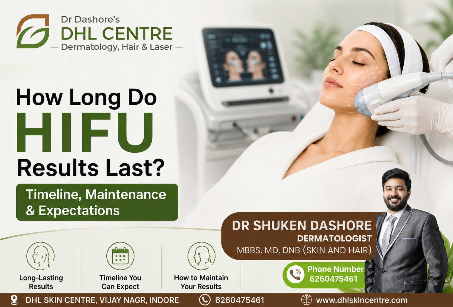 Promotional infographic for HIFU treatment featuring a woman receiving HIFU skin tightening, with information about HIFU results, timeline, maintenance, and expectations, along with Dr Shuken Dashore and DHL Skin Centre branding.