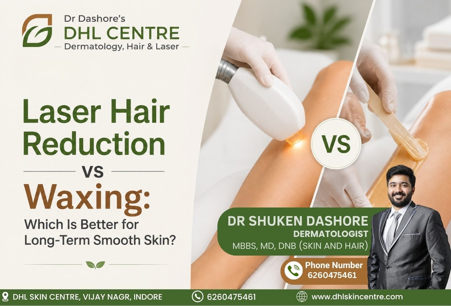 Promotional infographic comparing laser hair reduction and waxing for long-term smooth skin, featuring treatment images and Dr Shuken Dashore, Dermatologist, with DHL Skin Centre branding.